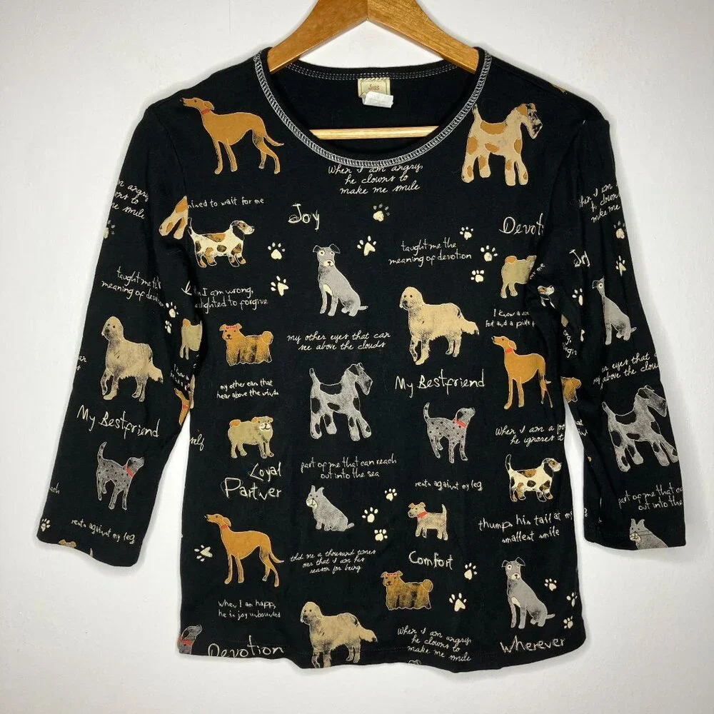 Jess & Jane Womens Dog Print My Best Friend 3/4 Sleeve Top Small Y2K Art - Picture 1 of 7